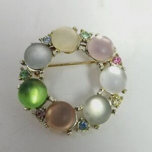 Vintage Pastel Colorful Cabochon Round Circle Brooch Rhinestone Lapel Pin Estate